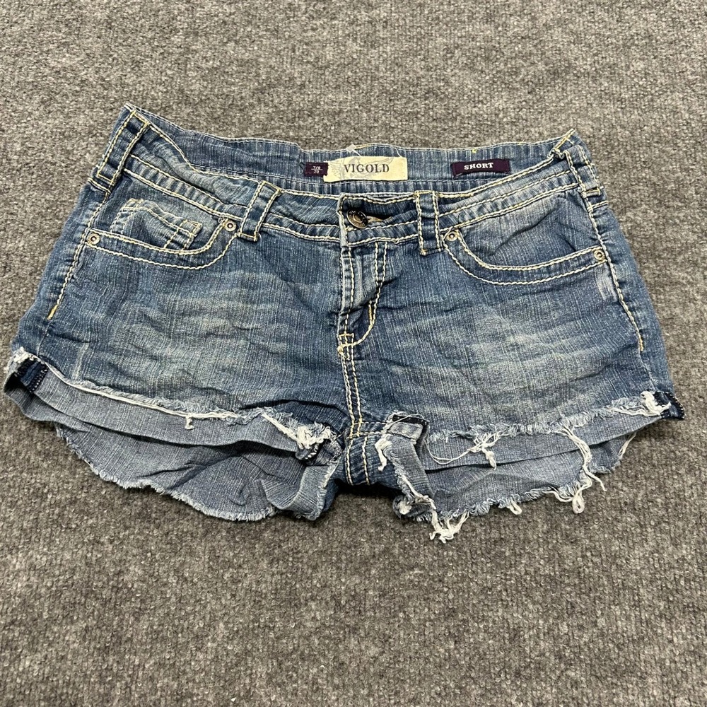 Vigold Denim Shorts Womens Size 7/8 29 Blue Cut Off Raw Hem Embroidered Pockets